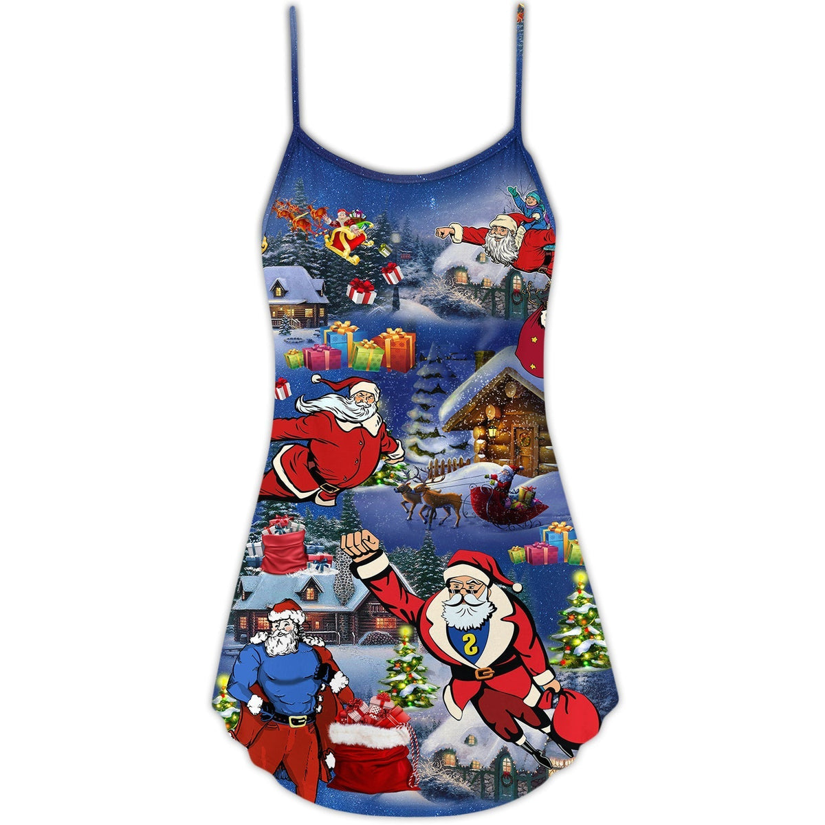 Christmas Flying Super Santa V-Neck Sleeveless Cami Dress For Festive Events And Casual Summer Styling