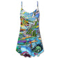 Shark Hippie Colorful Peace V-Neck Sleeveless Cami Dress For Summer Getaways Parties And Expressive Hippie Style