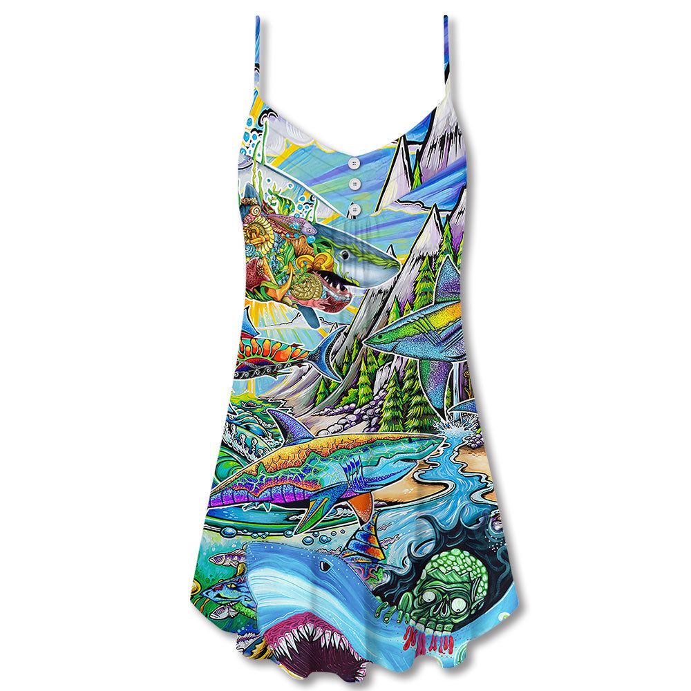 Shark Hippie Colorful Peace V-Neck Sleeveless Cami Dress For Summer Getaways Parties And Expressive Hippie Style