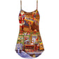 Christmas Santa Happiness Train V-Neck Sleeveless Cami Dress For Festive Events And Casual Summer Styling