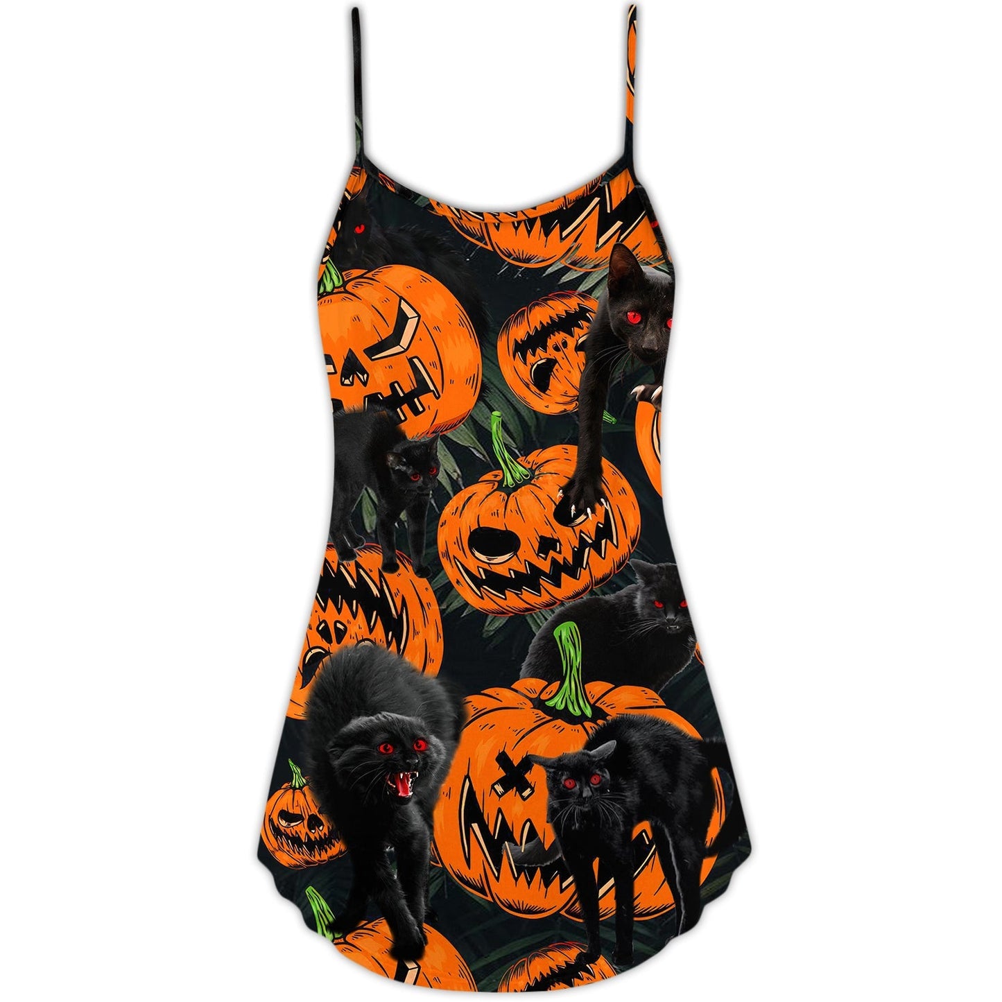 Halloween Black Cat Pumpkin Scary Tropical V-Neck Sleeveless Cami Dress For Summer Events And Comfortable Everyday Style