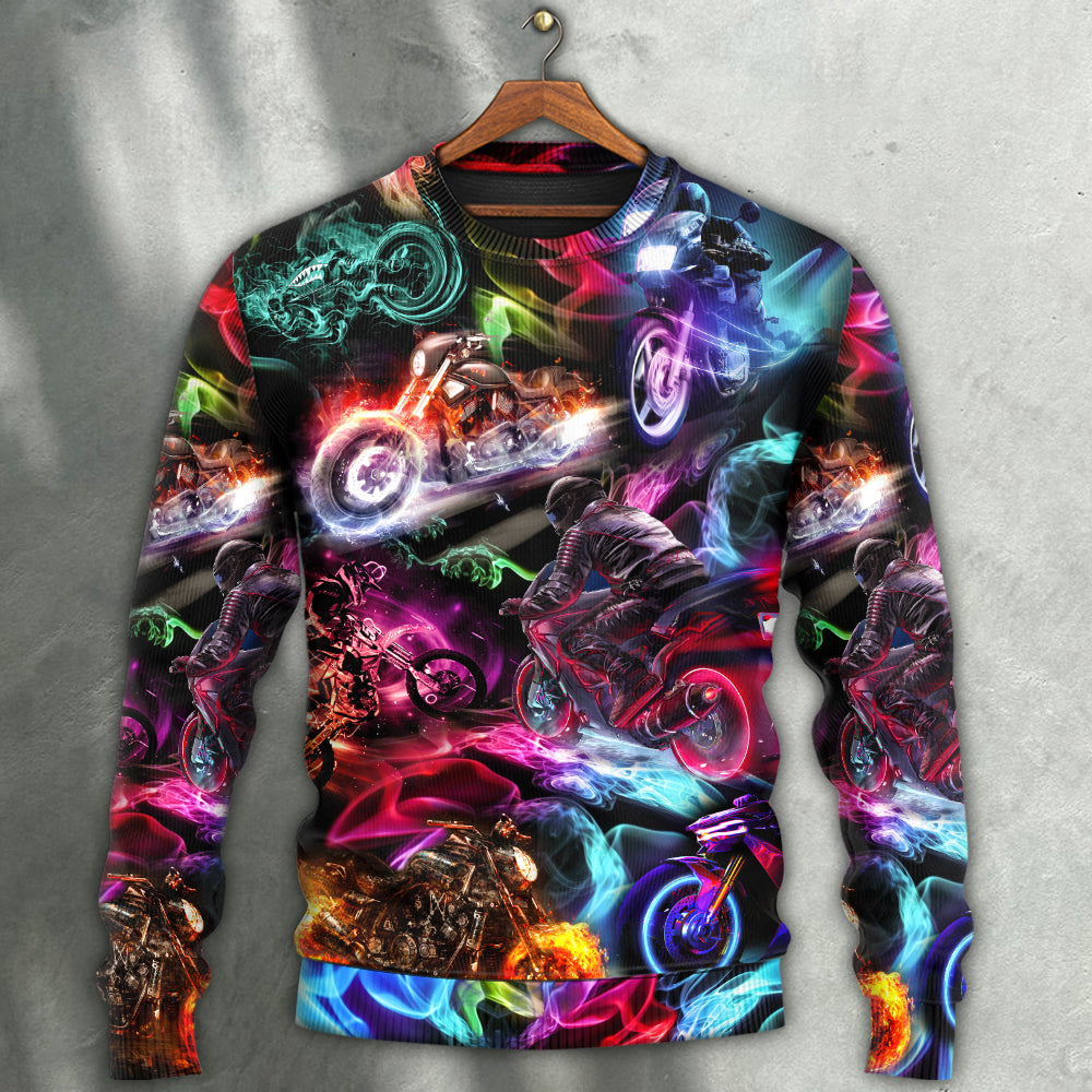 Motorcycle Racing Neon Light Colorful Sweater For Road Trips Weekend Gatherings And Thoughtful Gift Giving