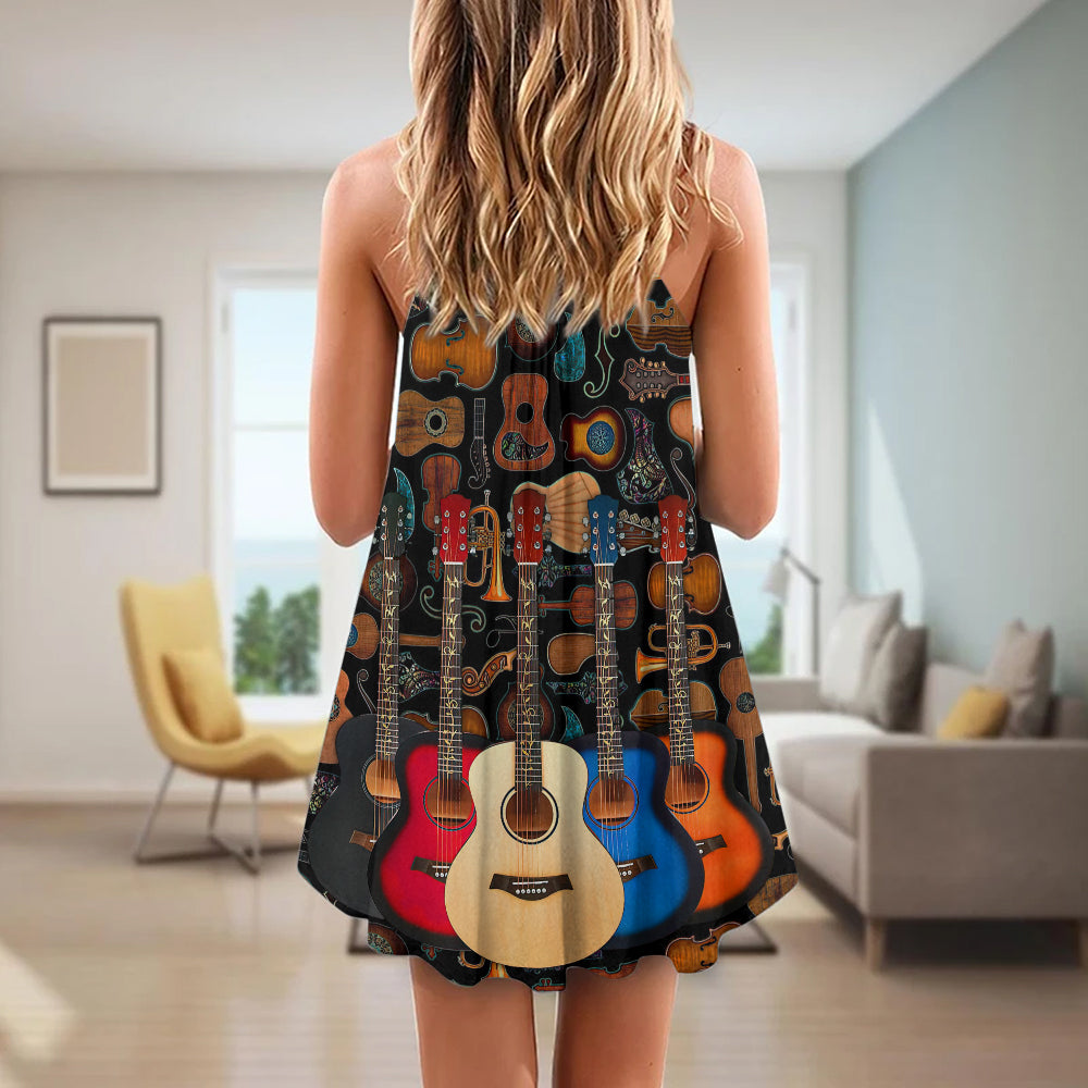 Guitar Lover Happy Life Music V-Neck Sleeveless Cami Dress For Festivals Travel And Relaxed Casual Summer Wear