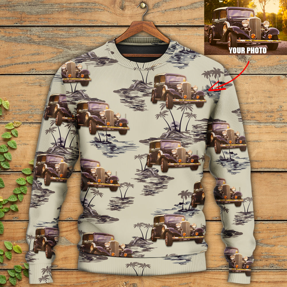 Vintage Car Tropical Island Palm Trees Sweater For Garage Gatherings Road Adventures And Creative Gifts