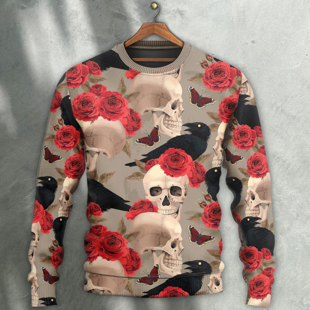 Skull With Rose Flower And Raven Gothic Sweater For Halloween Events Weekend Outings And Creative Gift Giving