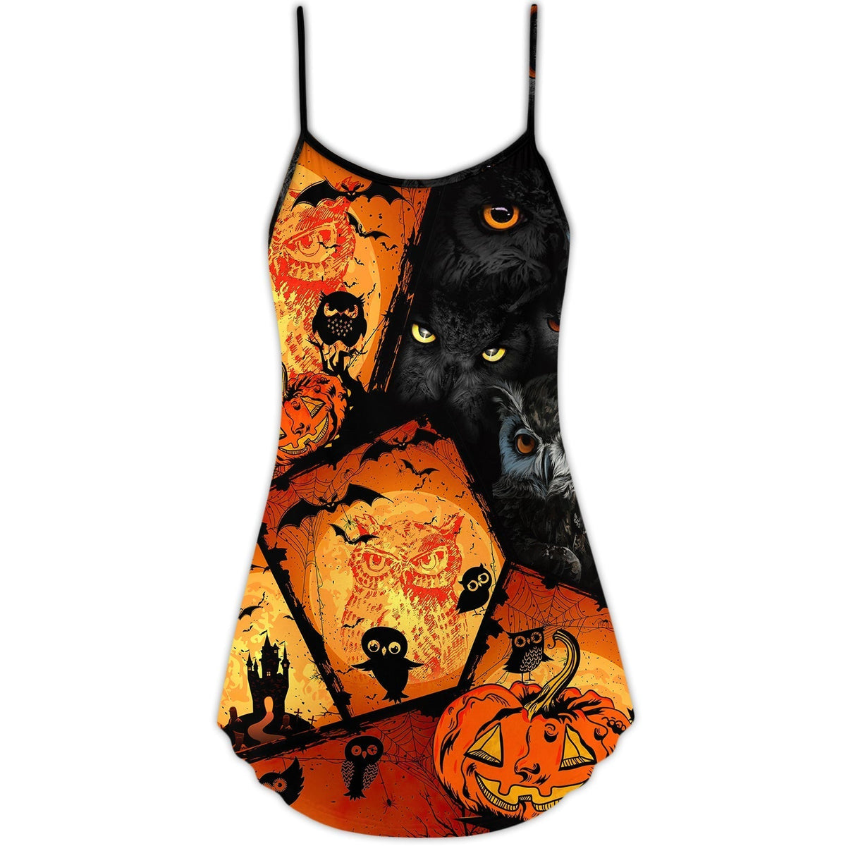 Halloween Owl Pumpkin Night V-Neck Sleeveless Cami Dress For Festivals Travel And Relaxed Casual Summer Wear