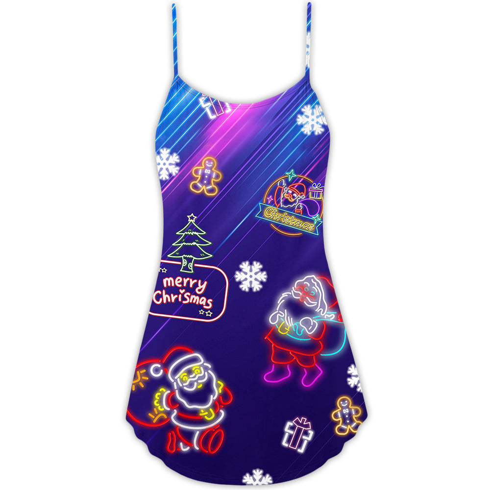 Christmas Santa Neon Party Lights V-Neck Sleeveless Cami Dress For Festive Events And Casual Summer Styling