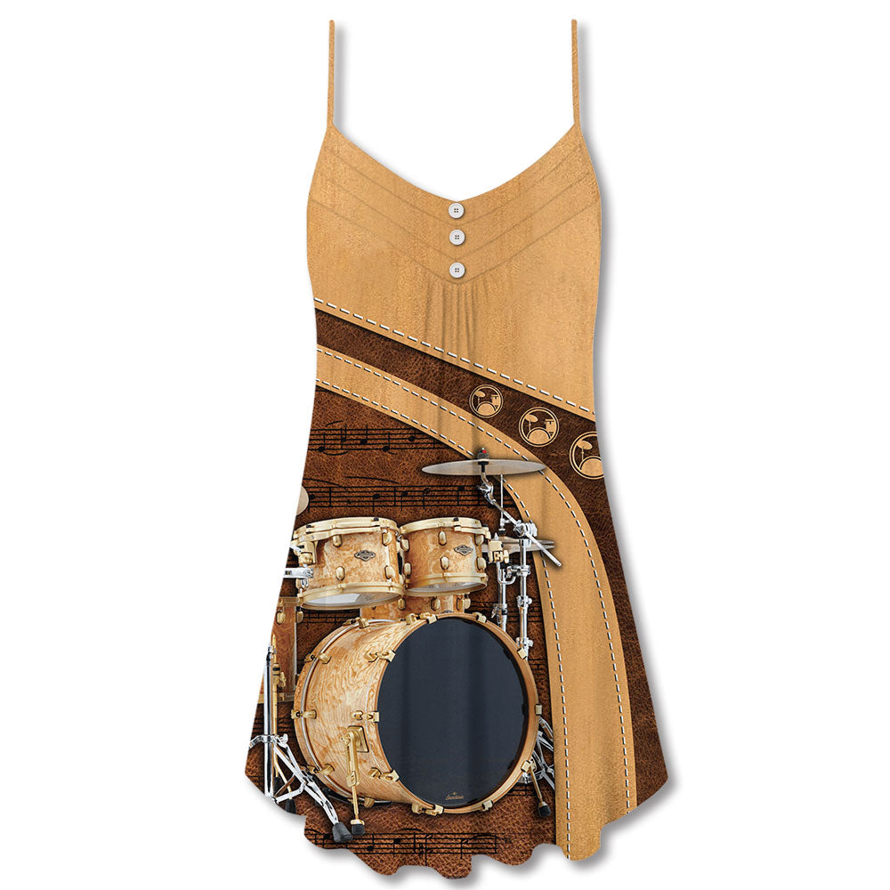 Vintage Drummer And Lady Art V-Neck Sleeveless Cami Dress For Vacations And Casual Warm Weather Wear