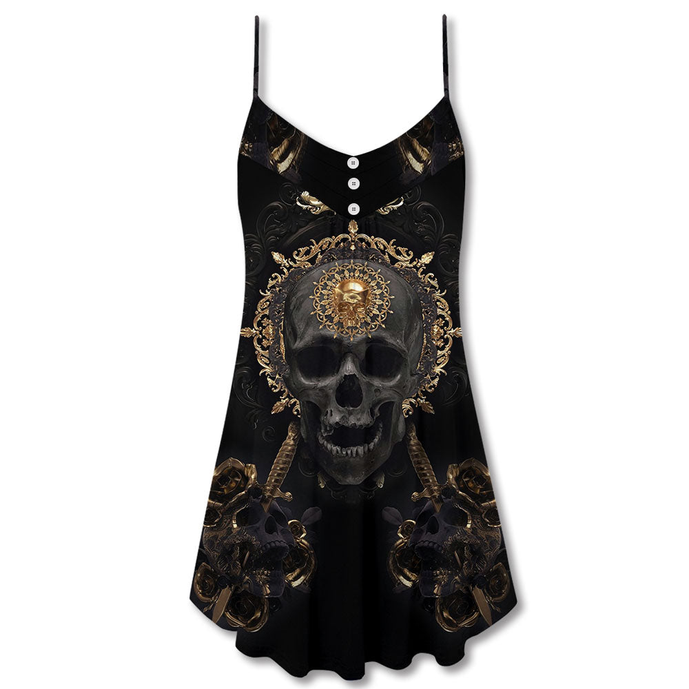 Golden Skull Stay True V-Neck Sleeveless Cami Dress For Summer Vacations Festivals And Casual Everyday Wear