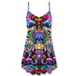 Hippie Mushroom Skull Art V-Neck Sleeveless Cami Dress For Creative Festivals And Dramatic Warm Weather Fashion