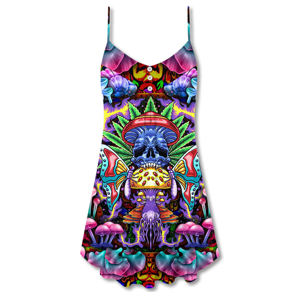 Hippie Mushroom Skull Art V-Neck Sleeveless Cami Dress For Creative Festivals And Dramatic Warm Weather Fashion