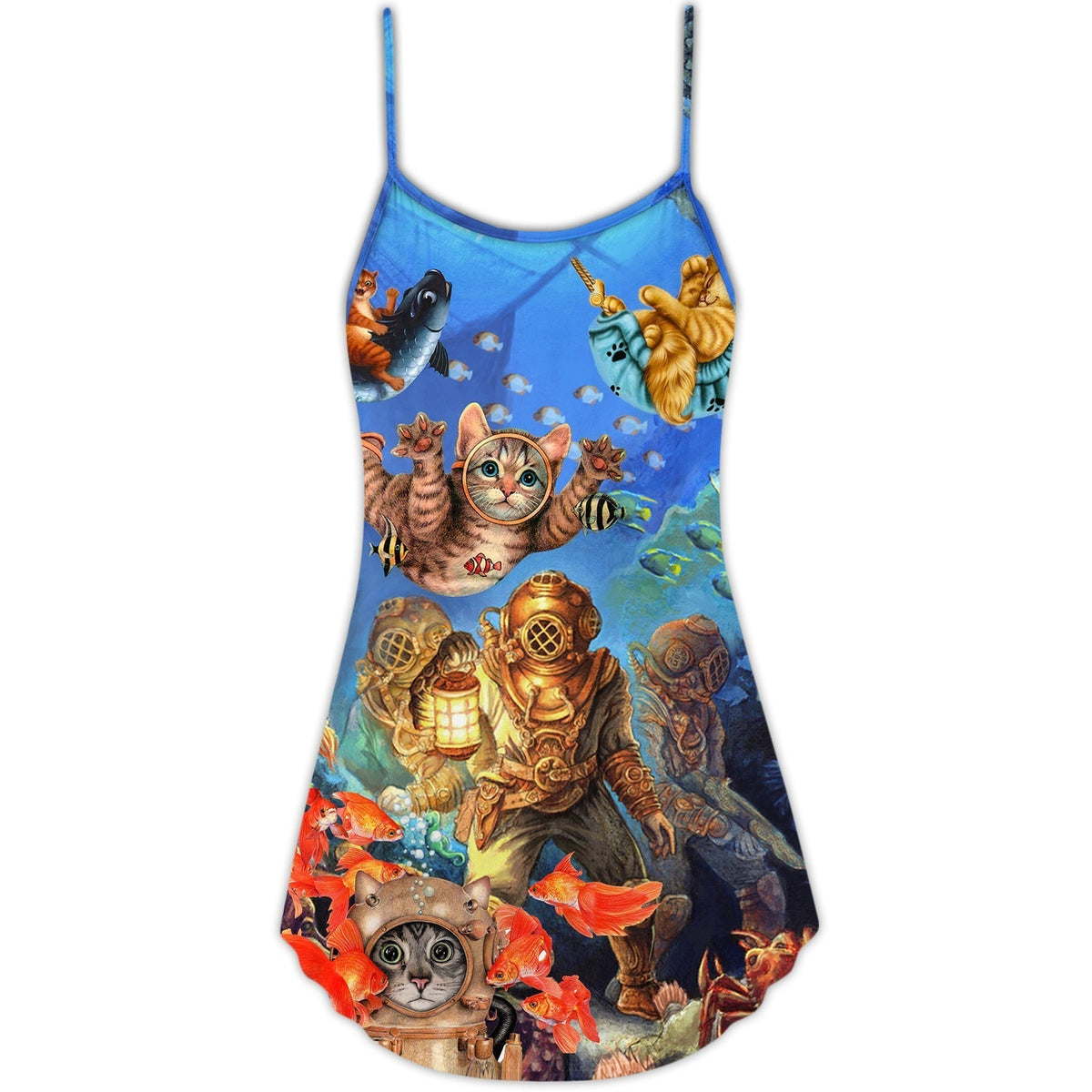Diving Cat Under Sea V-Neck Sleeveless Cami Dress For Seaside Events Resort Travel And Breezy Casual Styling