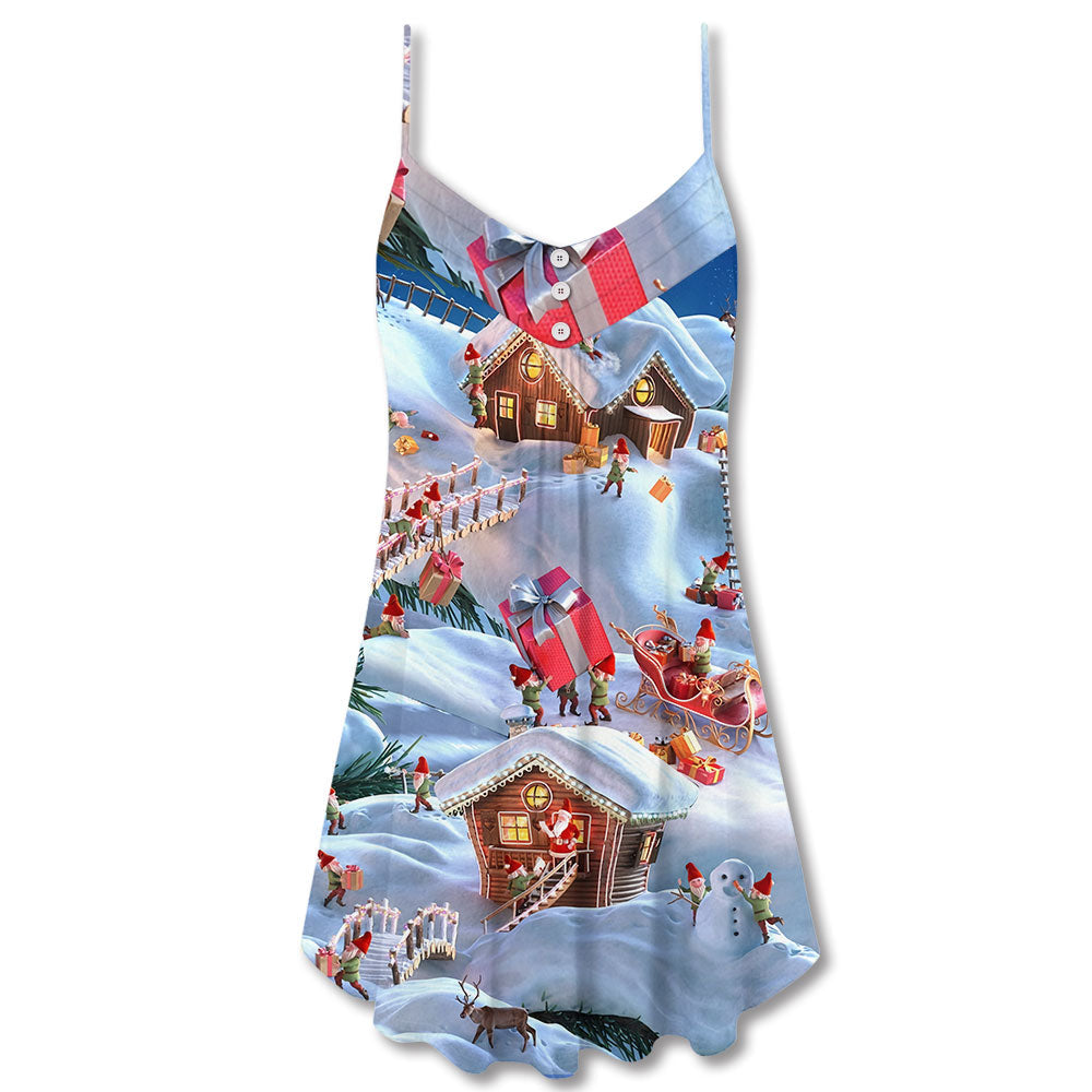 Santa And Gnome Merry Christmas V-Neck Sleeveless Cami Dress For Festive Events And Casual Summer Styling