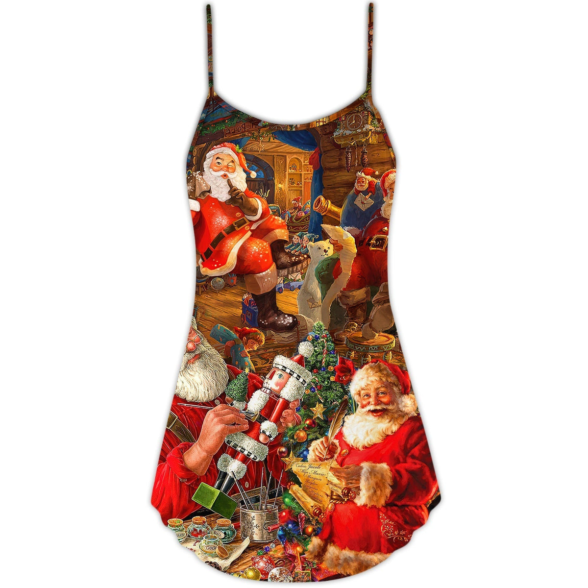 Christmas Santa On Rooftop Art V-Neck Sleeveless Cami Dress For Festive Events And Casual Summer Styling