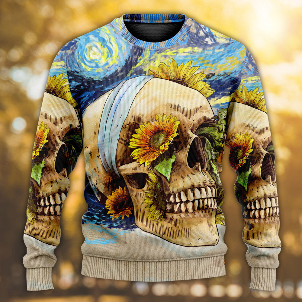Skull And Sunflower Vintage Starry Night Sweater For Art Lovers Holidays Parties And Comfortable Wear