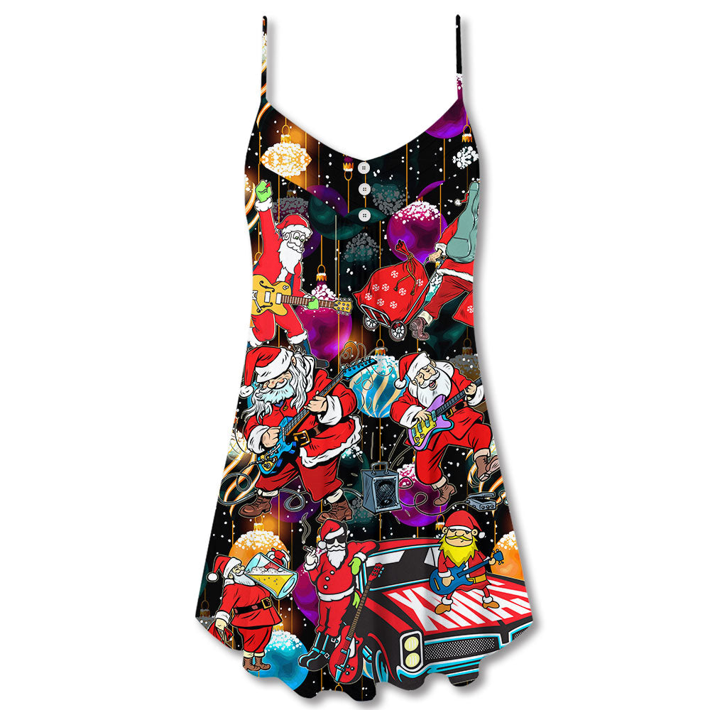 Santa Guitar Music Holiday V-Neck Sleeveless Cami Dress For Beach Trips Parties And Relaxed Warm Weather Style