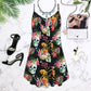 Skull Flowers Tropical V-Neck Sleeveless Cami Dress For Gothic Events And Relaxed Casual Wear