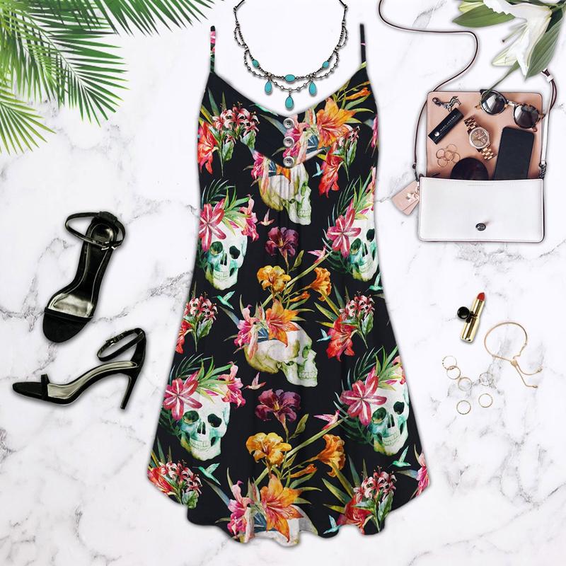 Skull Flowers Tropical V-Neck Sleeveless Cami Dress For Gothic Events And Relaxed Casual Wear