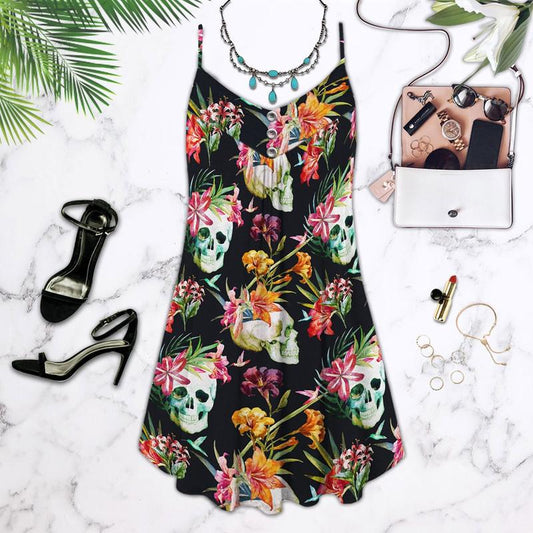 Skull Flowers Summer Tropical Limited 5 – Women's Summer Sleeveless V-Neck Camisole Dress