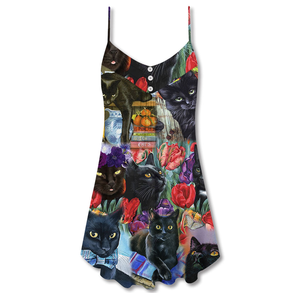 Black Cat Floral Art V-Neck Sleeveless Cami Dress For Festivals Travel And Relaxed Casual Summer Wear