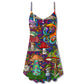 Hippie Mushroom Peace Lover V-Neck Sleeveless Cami Dress For Summer Getaways Parties And Expressive Hippie Style