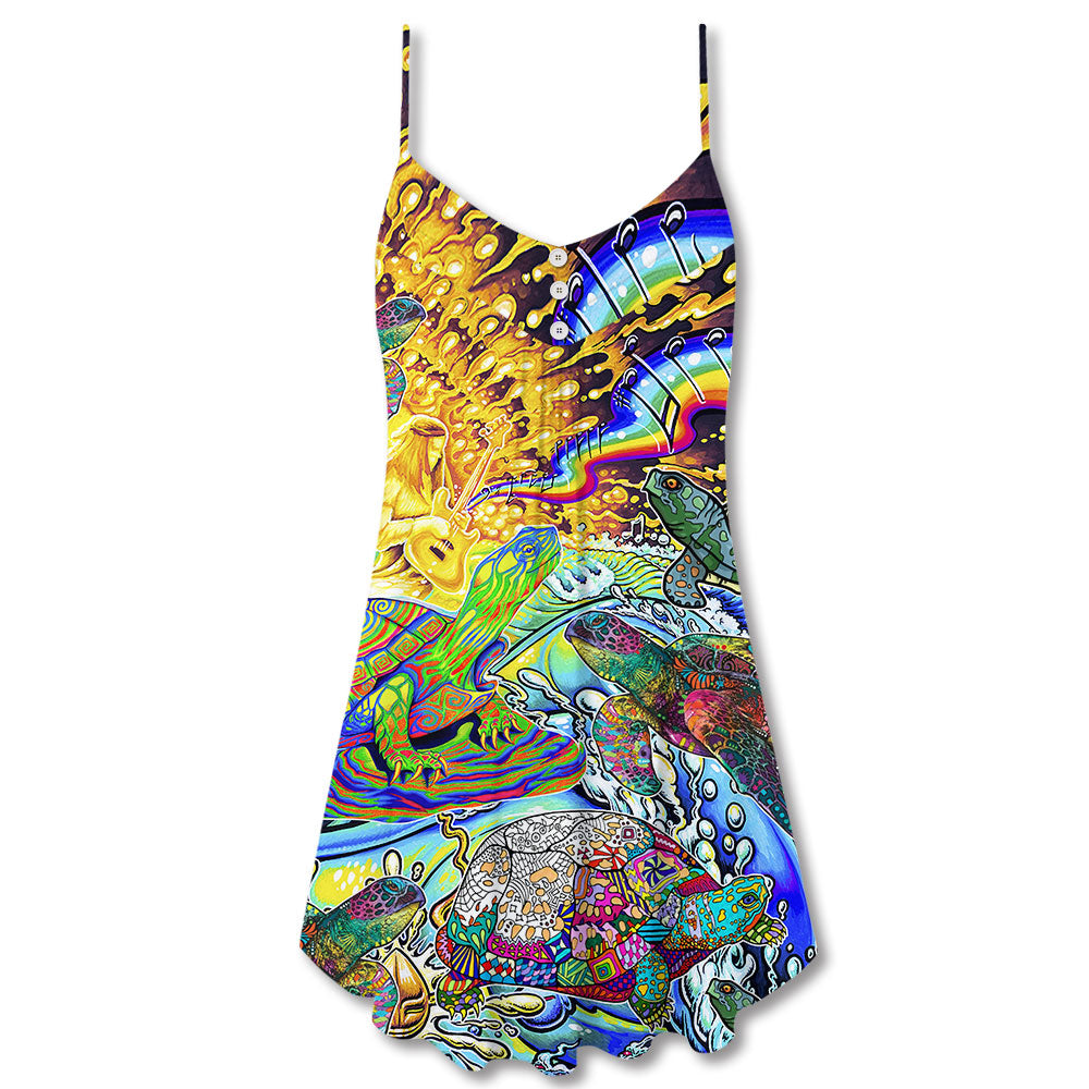Hippie Turtle Colorful Peace V-Neck Sleeveless Cami Dress For Beach Trips Parties And Relaxed Warm Weather Style