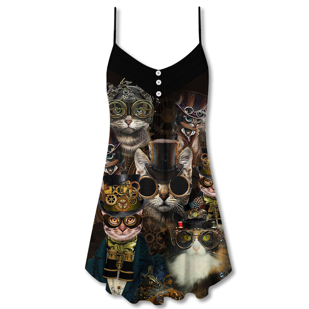 Steampunk Cat Machine Lover V-Neck Sleeveless Cami Dress For Festivals Travel And Relaxed Casual Summer Wear