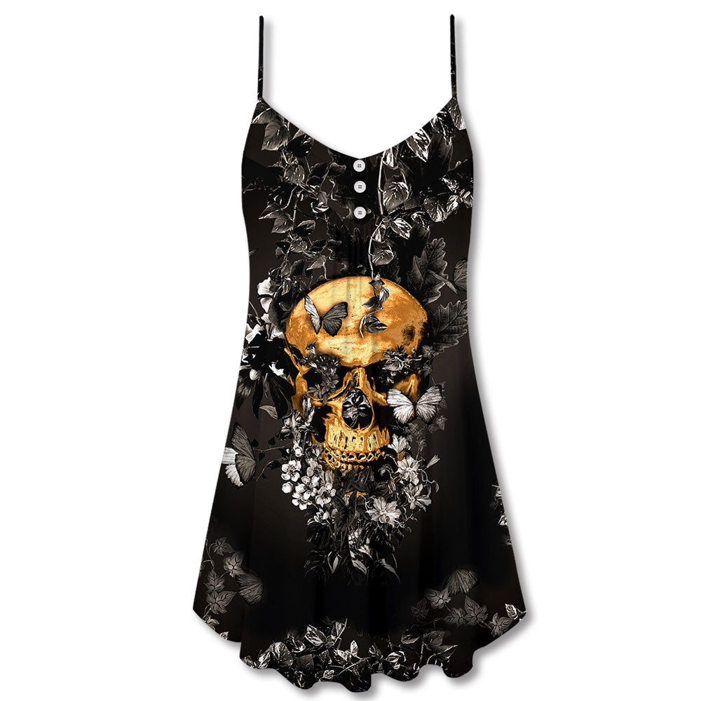 Skull Flowers From Darkness V-Neck Sleeveless Cami Dress For Alternative Style Parties And Relaxed Everyday Wear