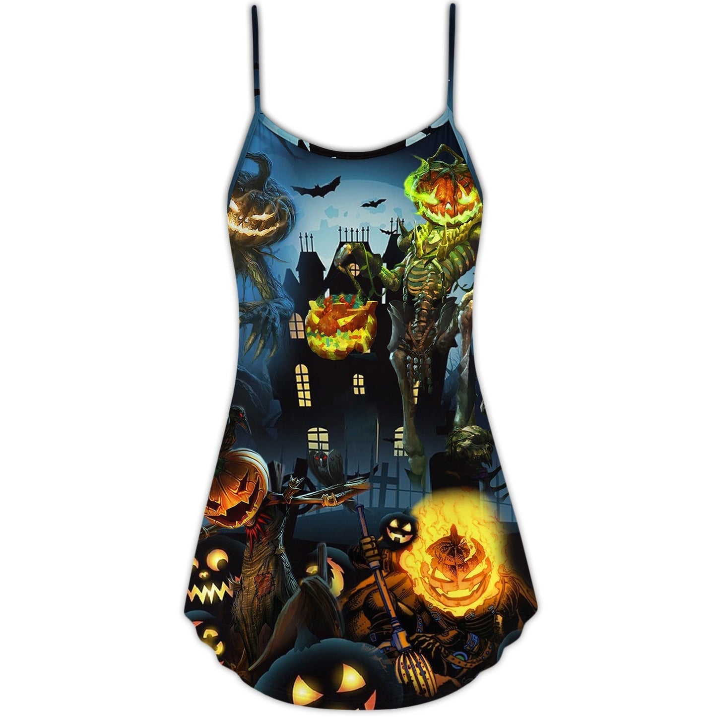 Halloween Pumpkin Sky Night V-Neck Sleeveless Cami Dress For Festivals Travel And Relaxed Casual Summer Wear