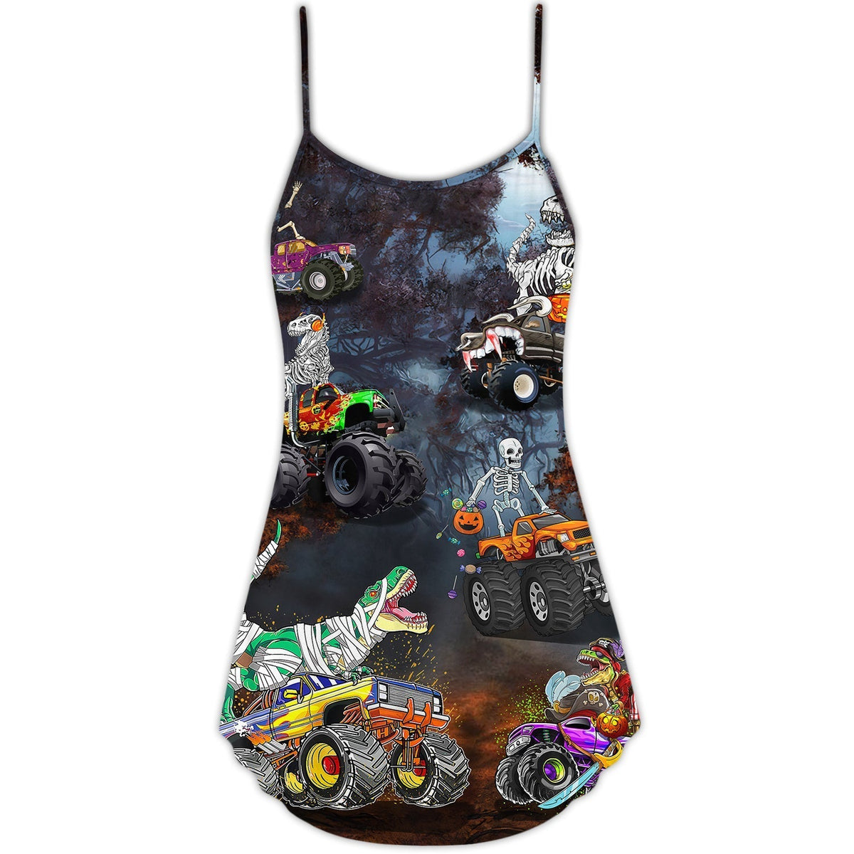 Halloween Skeleton Dino Monster Truck V-Neck Sleeveless Cami Dress For Vacations And Casual Warm Weather Wear