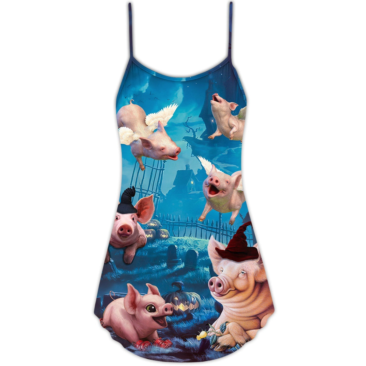 Halloween Flying Pig Pumpkin Scary V-Neck Sleeveless Cami Dress For Summer Events And Comfortable Everyday Style