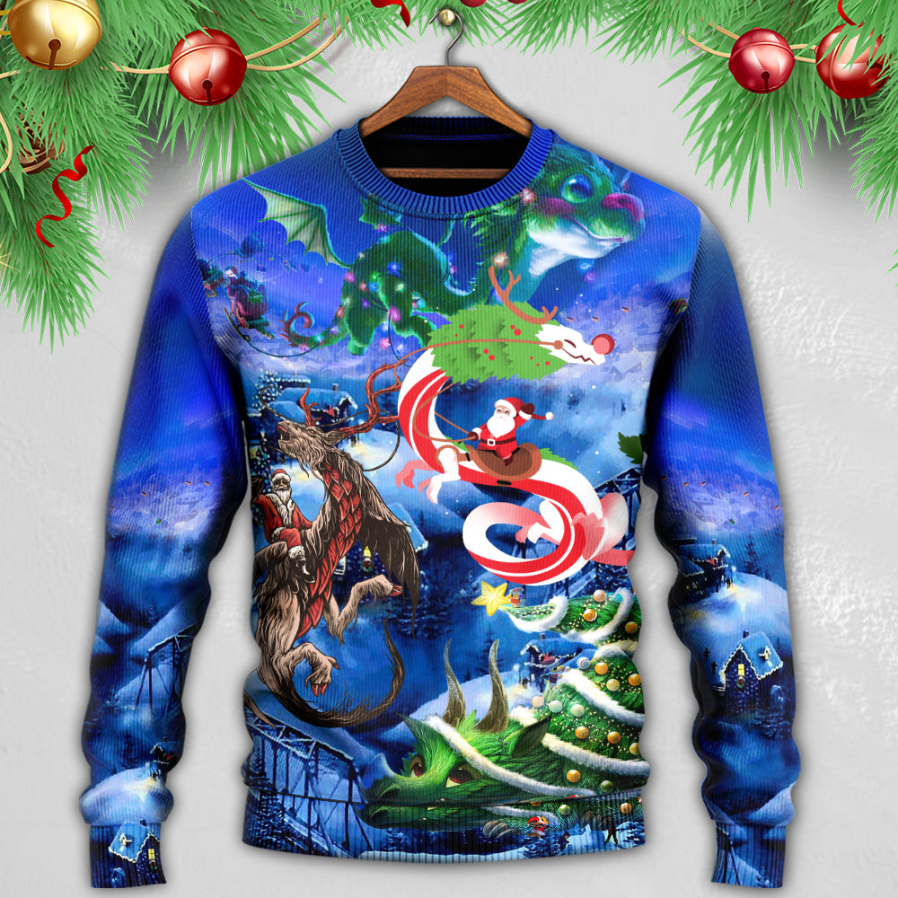 Christmas Santa Riding Fantasy Dragon Sweater For Winter Celebrations Family Events And Thoughtful Gifting