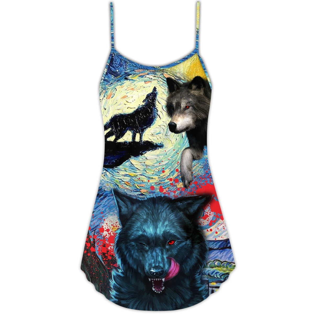 Halloween Black Wolf Starry Night Dark V-Neck Sleeveless Cami Dress For Vacations And Casual Warm Weather Wear