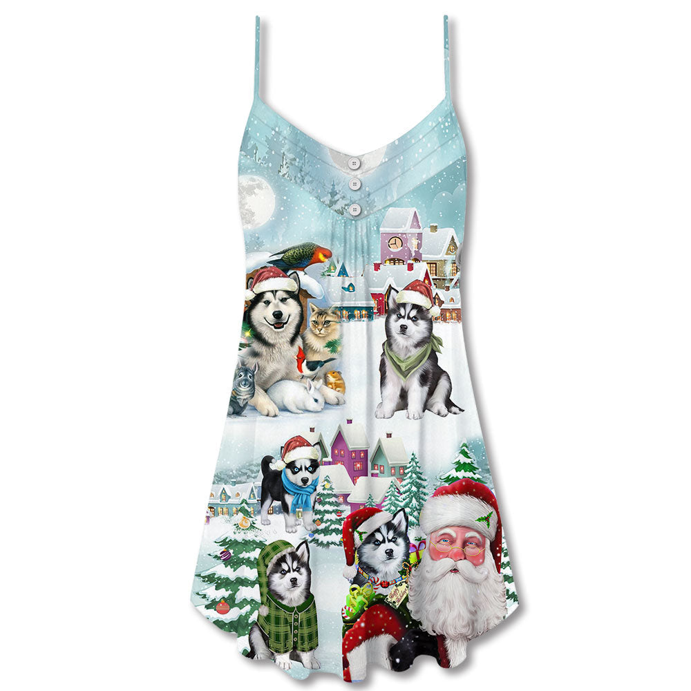 Husky Dogs Merry Christmas V-Neck Sleeveless Cami Dress For Christmas Parties Travel And Bright Seasonal Fashion