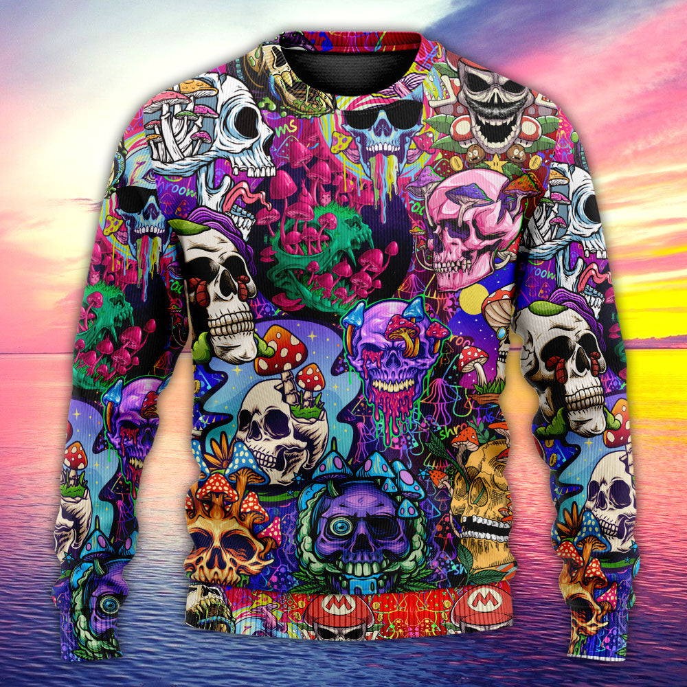 Hippie Mushroom And Skull Colorful Sweater For Art Fans Travel Parties And Distinctive Casual Style