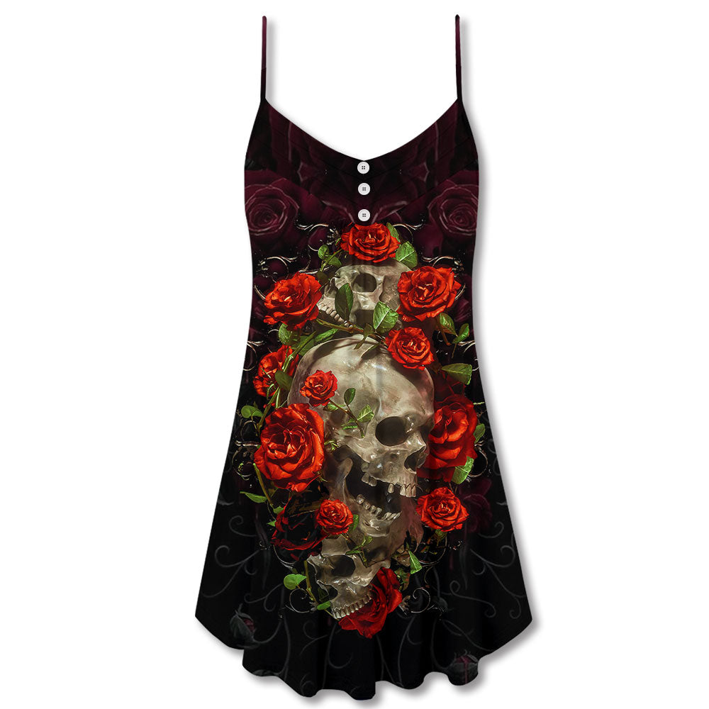 Skull And Roses Art V-Neck Sleeveless Cami Dress For Creative Festivals And Dramatic Warm Weather Fashion