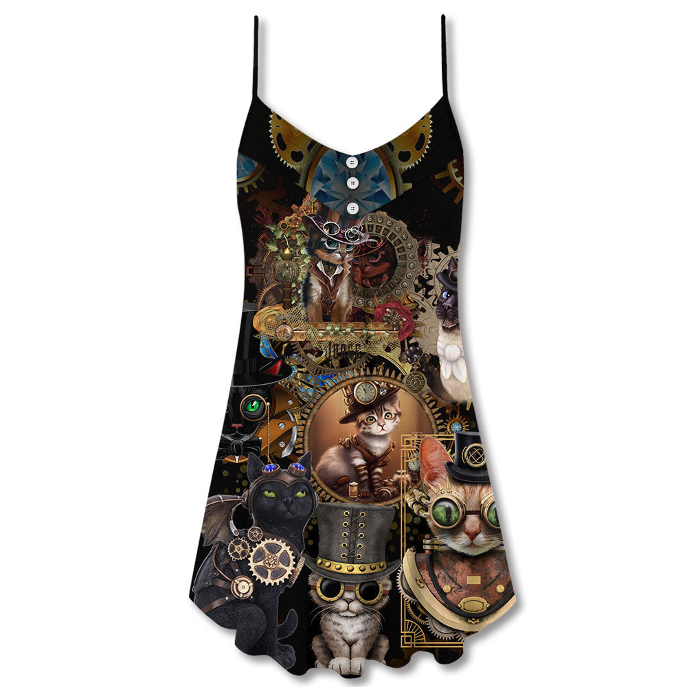 Steampunk Cat Stay Calm V-Neck Sleeveless Cami Dress For Summer Events And Comfortable Everyday Style