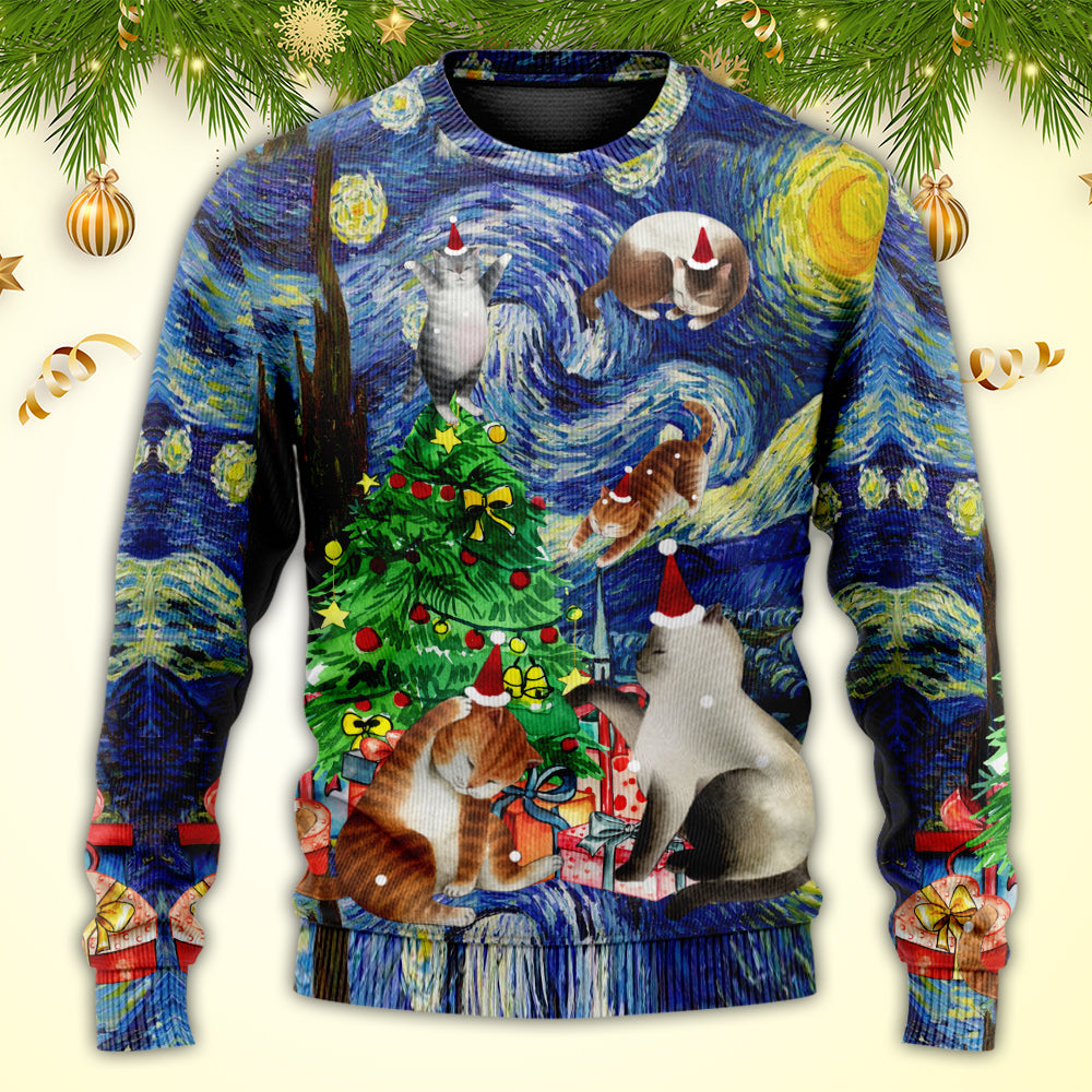 Christmas Cat Playing In Starry Night Sweater For Festive Parties Family Photos And Comfortable Seasonal Wear