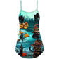 Halloween Black Cat Pumpkin Night V-Neck Sleeveless Cami Dress For Summer Events And Comfortable Everyday Style