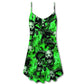 Green Flame Skull Burn V-Neck Sleeveless Cami Dress For Festivals Travel And Relaxed Casual Summer Wear