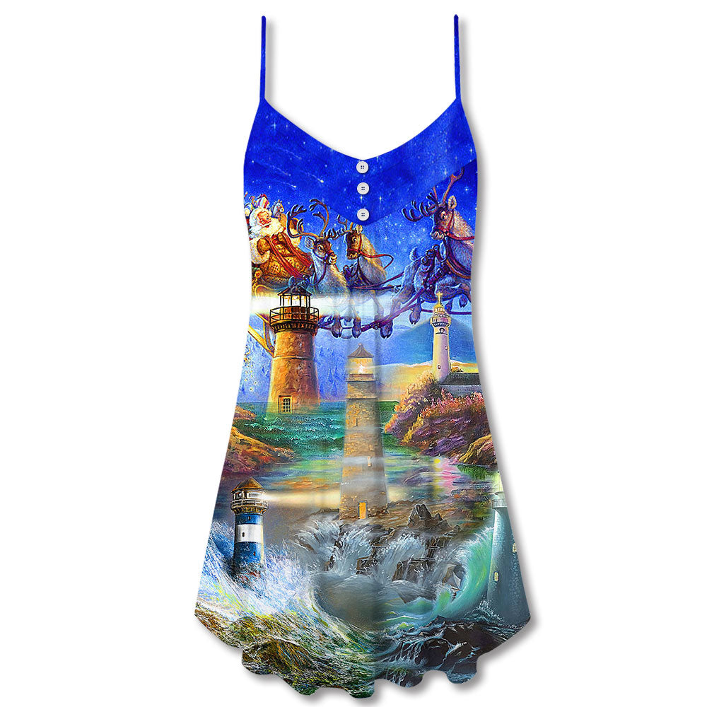 Lighthouse Santa Shine Bright V-Neck Sleeveless Cami Dress For Festivals Travel And Relaxed Casual Summer Wear
