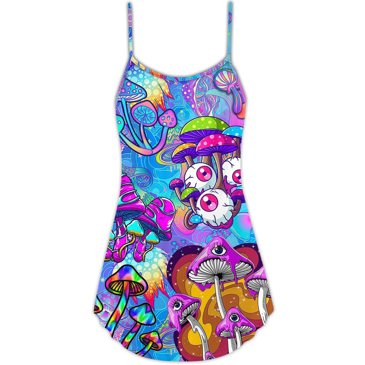 Hippie Mushroom Colorful Cool V-Neck Sleeveless Cami Dress For Festivals Vacations And Relaxed Artistic Styling