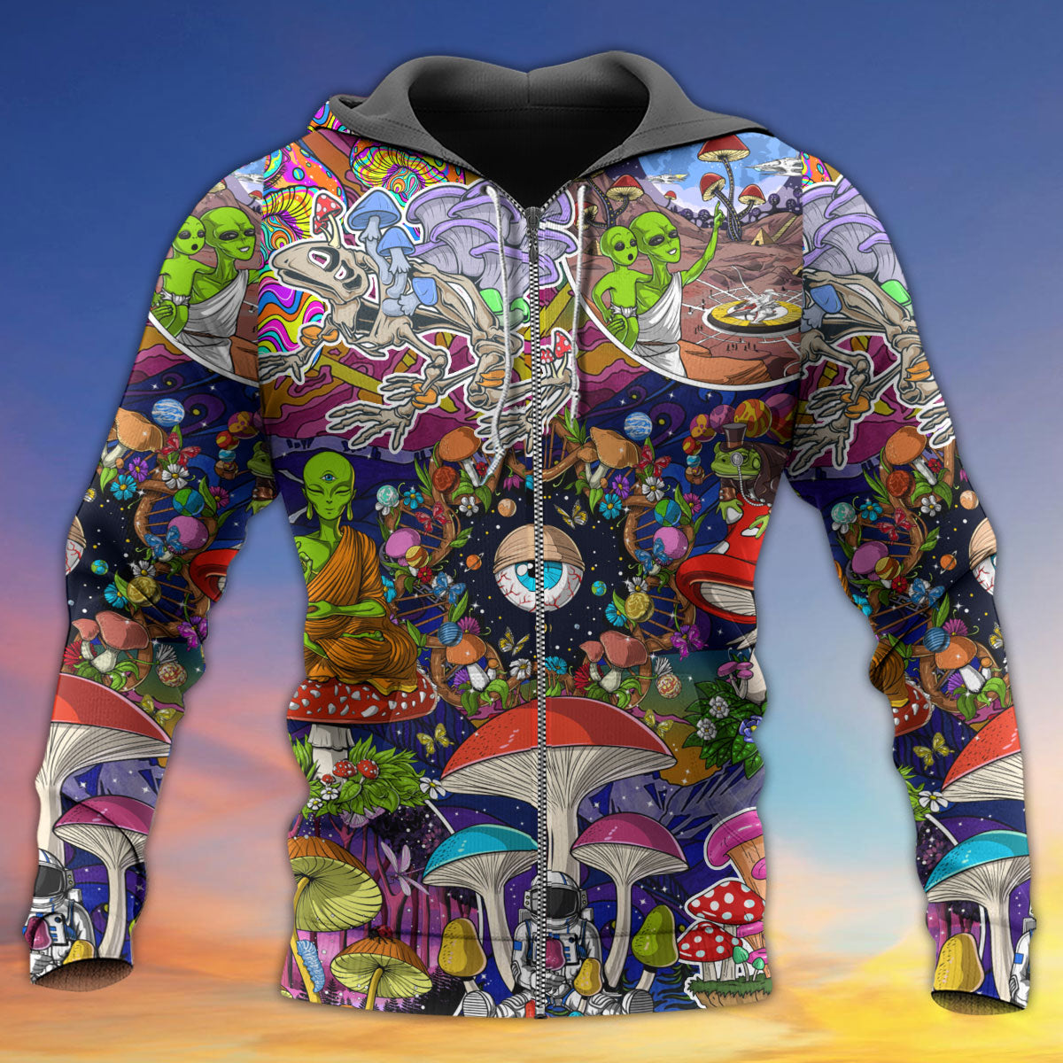Hippie Colorful Mushroom Alien Hoodie For Free Spirit Outings Holidays And Relaxed Layering