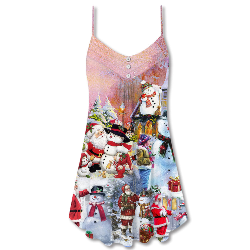 Santa And Snowman Snow Village V-Neck Sleeveless Cami Dress For Festive Events And Casual Summer Styling