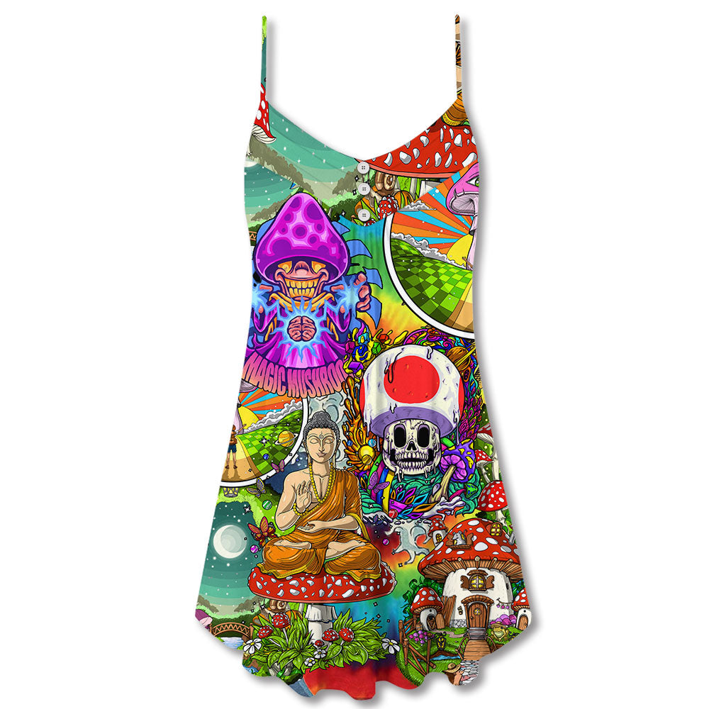Hippie Mushroom Peace Peaceful Vibes V-Neck Sleeveless Cami Dress For Vacations And Casual Warm Weather Wear