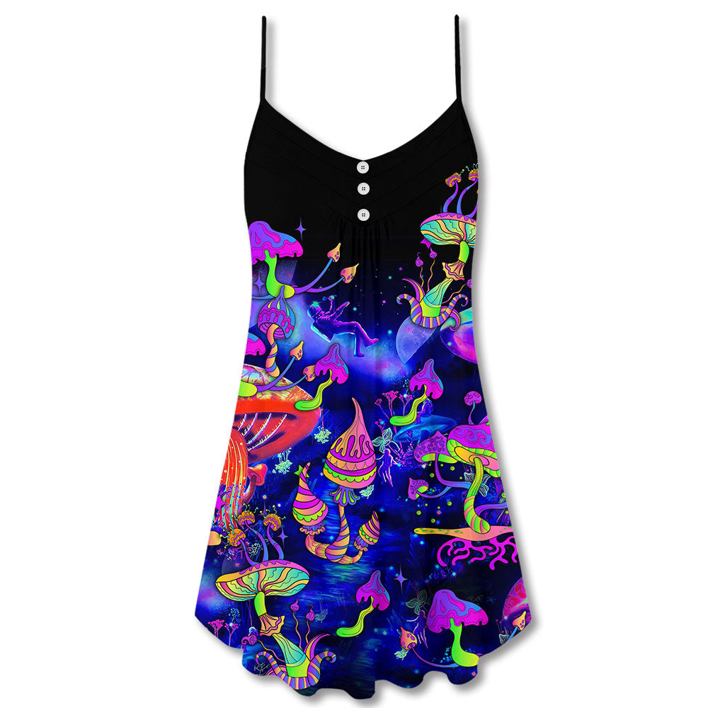 Hippie Mushroom Galaxy Colorful V-Neck Sleeveless Cami Dress For Festivals Travel And Relaxed Casual Summer Wear
