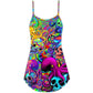 Hippie Skull Octopus Colorful Tie Dye V-Neck Sleeveless Cami Dress For Vacations And Casual Warm Weather Wear