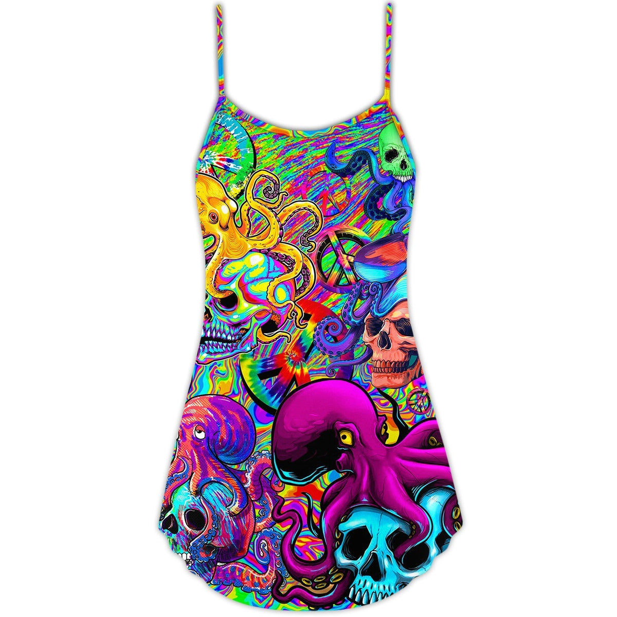 Hippie Skull Octopus Colorful Tie Dye V-Neck Sleeveless Cami Dress For Vacations And Casual Warm Weather Wear