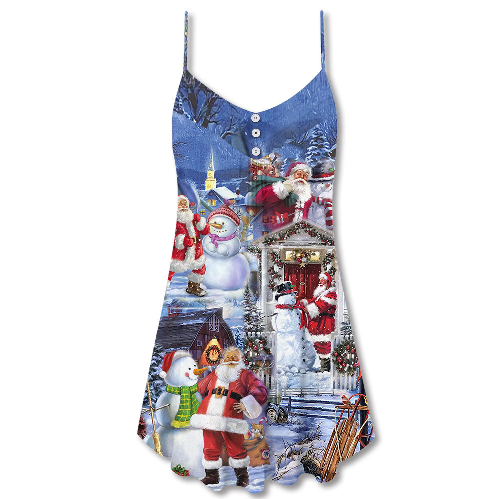 Santa And Snowman Happy Holiday V-Neck Sleeveless Cami Dress For Festivals Travel And Relaxed Casual Summer Wear