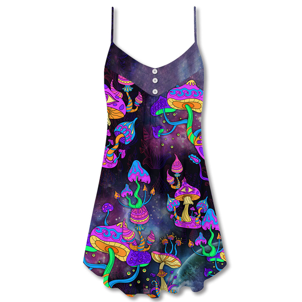 Hippie Mushroom Life Lover V-Neck Sleeveless Cami Dress For Festival Weekends Vacations And Relaxed Boho Fashion